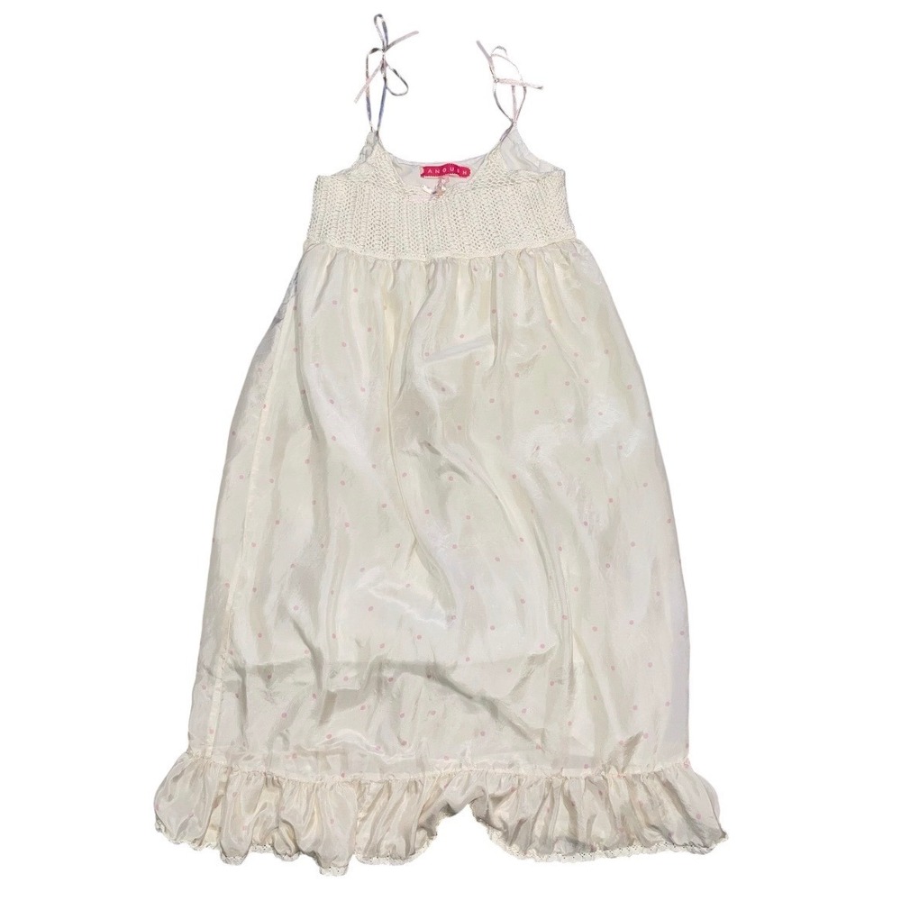 Anoush Cream Crochet Bodice Polka Dot Midi Dress Pink Ribbon Tie Straps Small